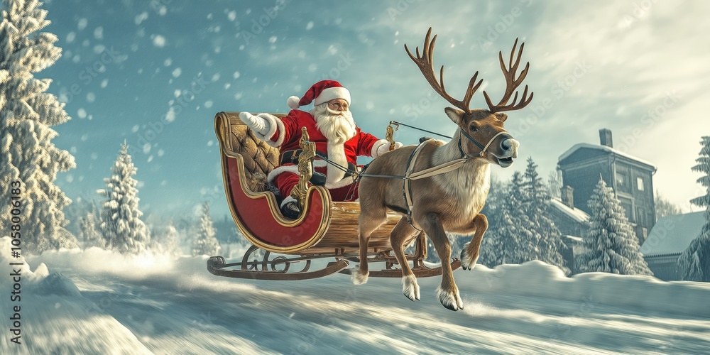 Santa Claus riding in a sleigh pulled by a reindeer Christmas Festive ...