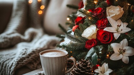 Poster - A cozy winter morning is brought to life with a warm cup of coffee beside a vibrant holiday arrangement featuring red roses, white lilies, and lush greenery, creating a festive atmosphere.