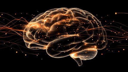 Poster - A detailed representation of a brain illuminated with vibrant golden lights, showcasing lines of energy that symbolize the flow of thoughts and cognitive processes in a dark background.