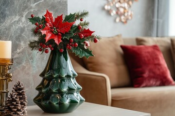 christmas tree shaped ceramic green vase with holly berry, poinsettia flowers and dry roses on a liv