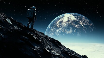 Wall Mural - An astronaut stands on a rocky lunar surface, gazing at Earth in the distance against a starry backdrop