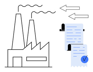 Industrial building with two chimneys emitting smoke, arrows indicating output, and a receipt with a blue check mark. Ideal for business, manufacturing, finance, production, and economy themes