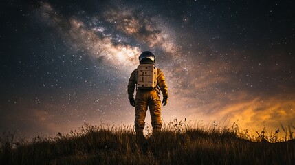 Wall Mural - A lone astronaut in a spacesuit stands on a hill, gazing at a starry sky filled with the Milky Way and distant galaxies