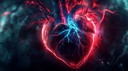 Poster - The artwork features a vivid heart illuminated in red and blue, showcasing intricate veins extending from its surface.