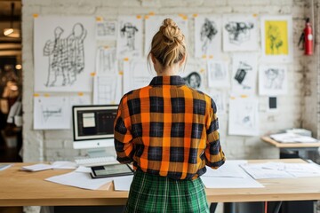 A woman in a plaid shirt stands in front of a computer and a desk with drawings on the wall behind her.