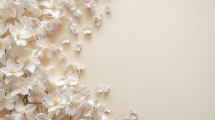 Poster - White flowers are arranged in a cluster at the left edge of a beige background. The flowers are scattered and some are partially overlapping.