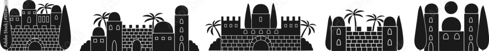 Set of isolated black ancient city facades scenes. Architecture clipart ...