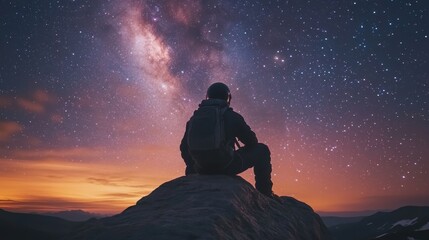 Wall Mural - A silhouette of an astronaut in a spacesuit sitting on a rock, gazing at the starry night sky with the Milky Way visible