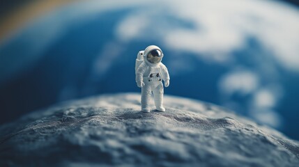 Wall Mural - A miniature astronaut figure standing on a rocky surface with Earth visible in the background, showcasing a minimalistic space theme