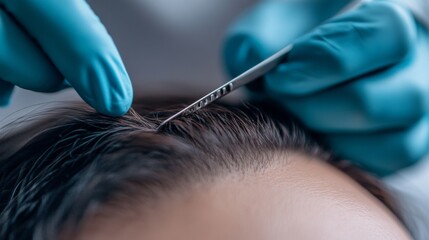 Aufkleber - A close-up view of a person's scalp being examined with a tool held by a gloved hand.
