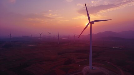 innovative wind turbine farm at sunset, showcasing vibrant hues in the sky, representing the transit