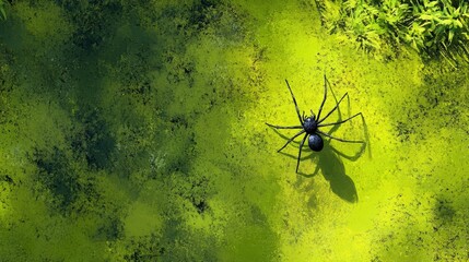 Black Spider on Green Background