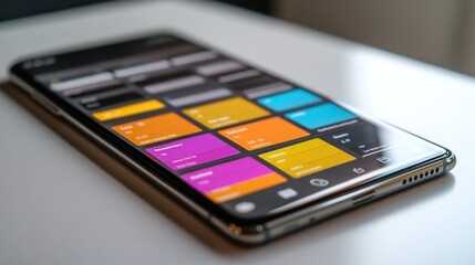 A modern smartphone with a colorful app interface on the screen.