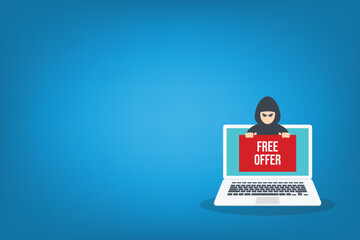 Hacker holding free offer message banner. Hacking concept.	