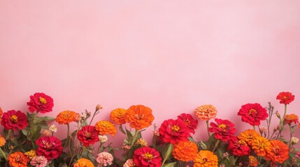 Poster - A row of colorful flowers, including orange and red zinnias, bloom in front of a pink background.
