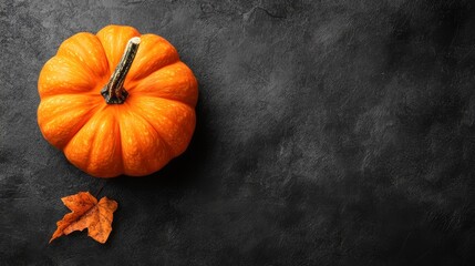 Fresh Orange Pumpkin on Dark Stone Background