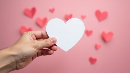 Wall Mural - A hand holds a white paper heart in front of a pink background with several red paper hearts.
Concept of love and romance. Valentines day background