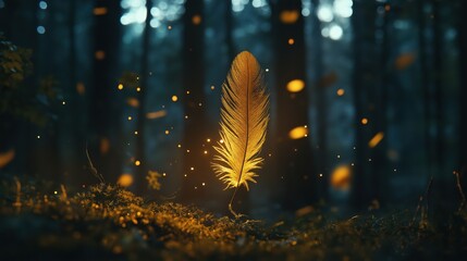 Wall Mural - A glowing golden feather surrounded by soft light in a serene forest setting.