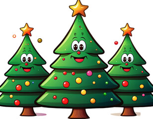 Three happy christmas trees smiling with colorful ornaments on transparent background