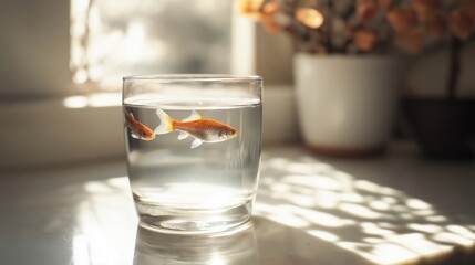 Two goldfish swimming gracefully in a glass of clear water.