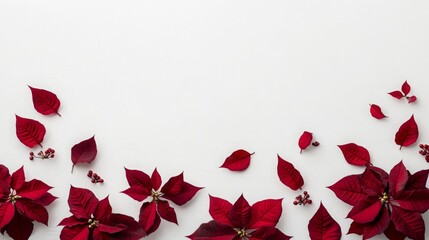 Aufkleber - Bright red poinsettia leaves and small berries are artfully arranged on a clean white surface, evoking a festive atmosphere perfect for holiday decorations and celebrations.