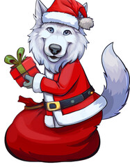 Christmas wolf holding gift and sitting on santa claus bag with transparent background