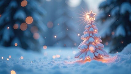 Wall Mural - A small, snow-covered Christmas tree with warm lights stands in a snowy forest. Christmas festive background
