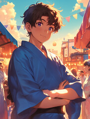 Young man in a blue yukata, Japanese festival illustration, diversity in Japan