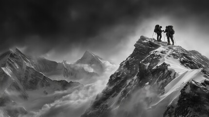 Canvas Print - Black-and-white photograph of two mountaineers climbing a mountain, with high contrast, a foggy environment, a very dark background, a grainy film effect