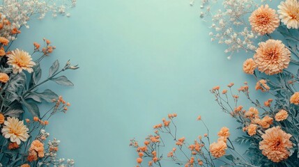 Poster - A vibrant collection of orange and white flowers creates a stunning design against a soft blue backdrop, perfect for enhancing any spring-themed setting or floral arrangement.