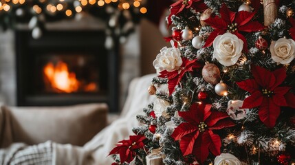 Poster - A beautifully adorned Christmas tree stands in a cozy living room, decorated with red poinsettias, white roses, and shimmering ornaments.