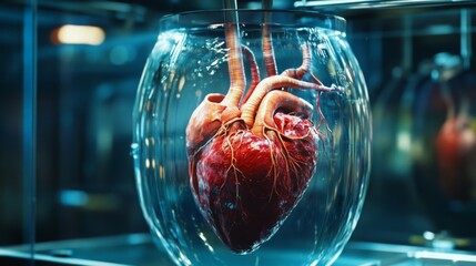 Poster - A large, preserved human heart, complete with veins and arteries, is suspended inside a round glass container, possibly in a museum or laboratory.