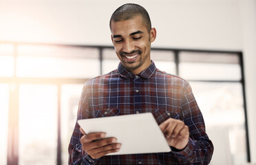 Fototapete - Employee, man and happy at office with tablet for online reviews, research and insights as social media manager. Male person, business and smile on internet or website for communication or networking