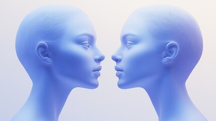 Two futuristic blue mannequin heads facing each other, symbolizing connection and harmony in a modern design.