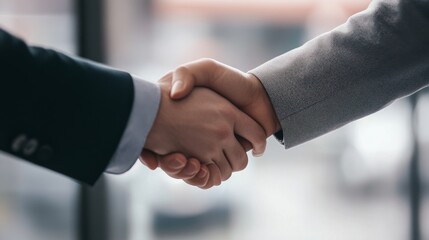 Two individuals engage in a professional handshake, symbolizing agreement and collaboration in a modern business setting.