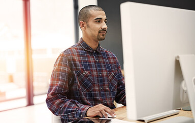 Aufkleber - Business, computer and man in office, typing and connection with confidence, startup and internet. Person, employee or consultant for web design, pc and technology with professional or online reading
