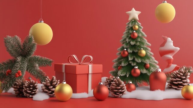 holiday elements, featuring a Christmas tree, pinecones, gift box, and ornaments, all arranged in a playful, festive setting.