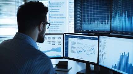 A businessman analyzes financial data on multiple computer monitors in a modern office environment.