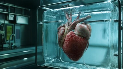 Poster - A preserved human heart is enclosed in a glass container within a laboratory setting, showcasing its anatomical structure.