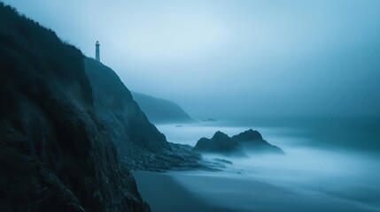 Wall Mural - A serene lighthouse standing on a rocky cliff during a foggy morning.