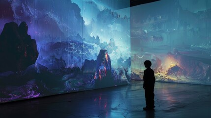 Poster - child's silhouette in a dim room, captivated by abstract landscapes on digital screens, sparking won