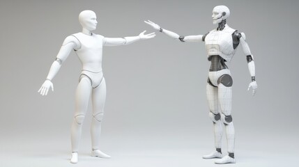 A humanoid robot and a mannequin engage in a handshake, symbolizing the future of human-robot interaction and collaboration.