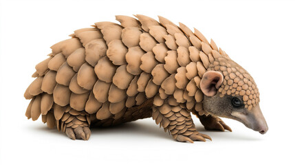 Wall Mural - side view of a pangolin with a body covered in overlapping brown scales on a plain white background.