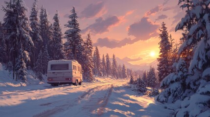 Poster - A white camper van is parked on a snowy road, surrounded by snow-covered pine trees. The sun is setting behind the trees, casting a golden glow on the scene.