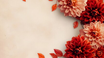 Poster - Vibrant autumn flowers in shades of red and peach are thoughtfully arranged with fallen leaves on a soft, neutral background, creating a warm and inviting atmosphere for seasonal decor.