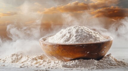 Heap of flour in a rustic wooden bowl, ideal for traditional baking scenes, isolated on white background