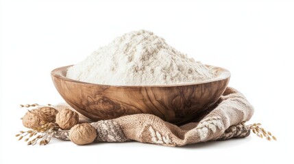 Heap of flour in a rustic wooden bowl, ideal for traditional baking scenes, isolated on white background