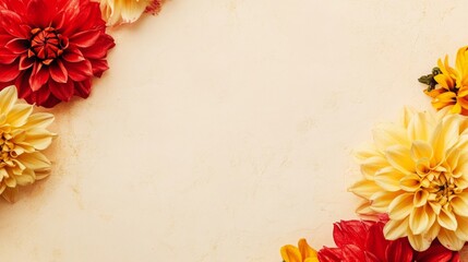 Poster - A vibrant assortment of dahlia flowers in shades of red, yellow, and cream surrounds a neutral backdrop, creating an inviting and cheerful atmosphere perfect for decoration and inspiration.