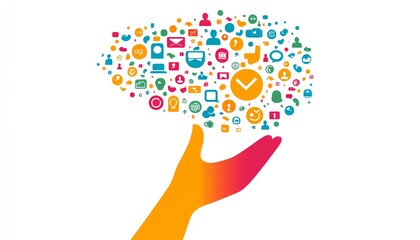 A person s hand held out with colorful people icons above it, symbolizing the essence of social networking and business connections