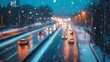 © Maximilian - Blurry Winter Night Traffic with Snowfall and City Lights